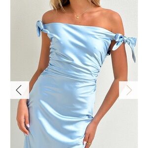 Bridesmaids Dress - light blue, off the shoulder, satin dress w/bows on the arms